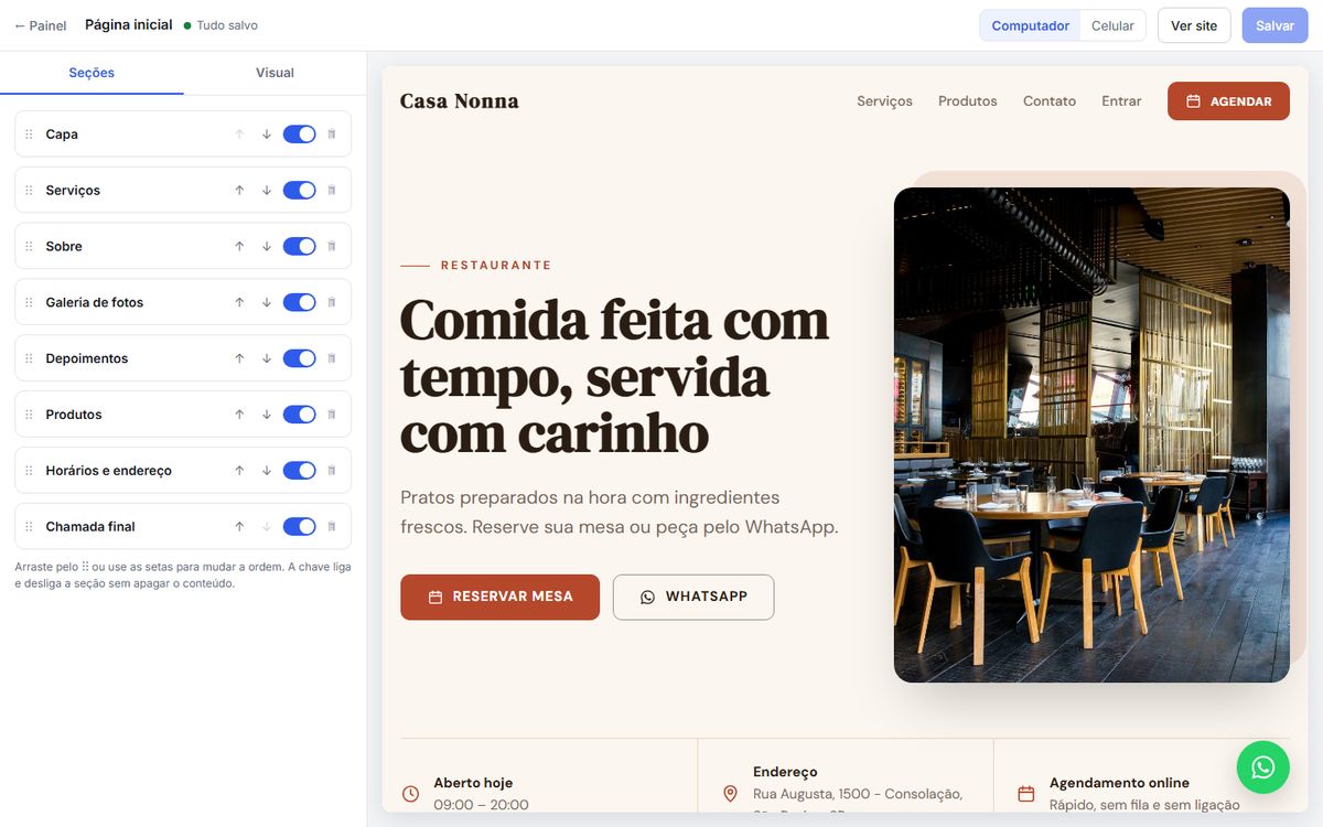 Editor do painel: lista de seções à esquerda e prévia do site à direita