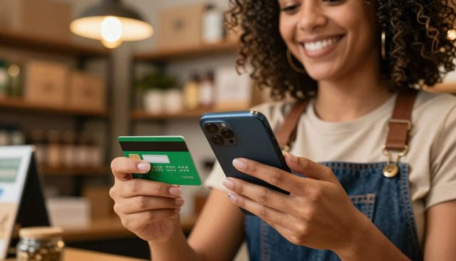 Dona de loja sorrindo enquanto assina pelo celular com o cartão na mão