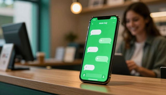 Celular no balcão com a conversa do WhatsApp atendendo um cliente