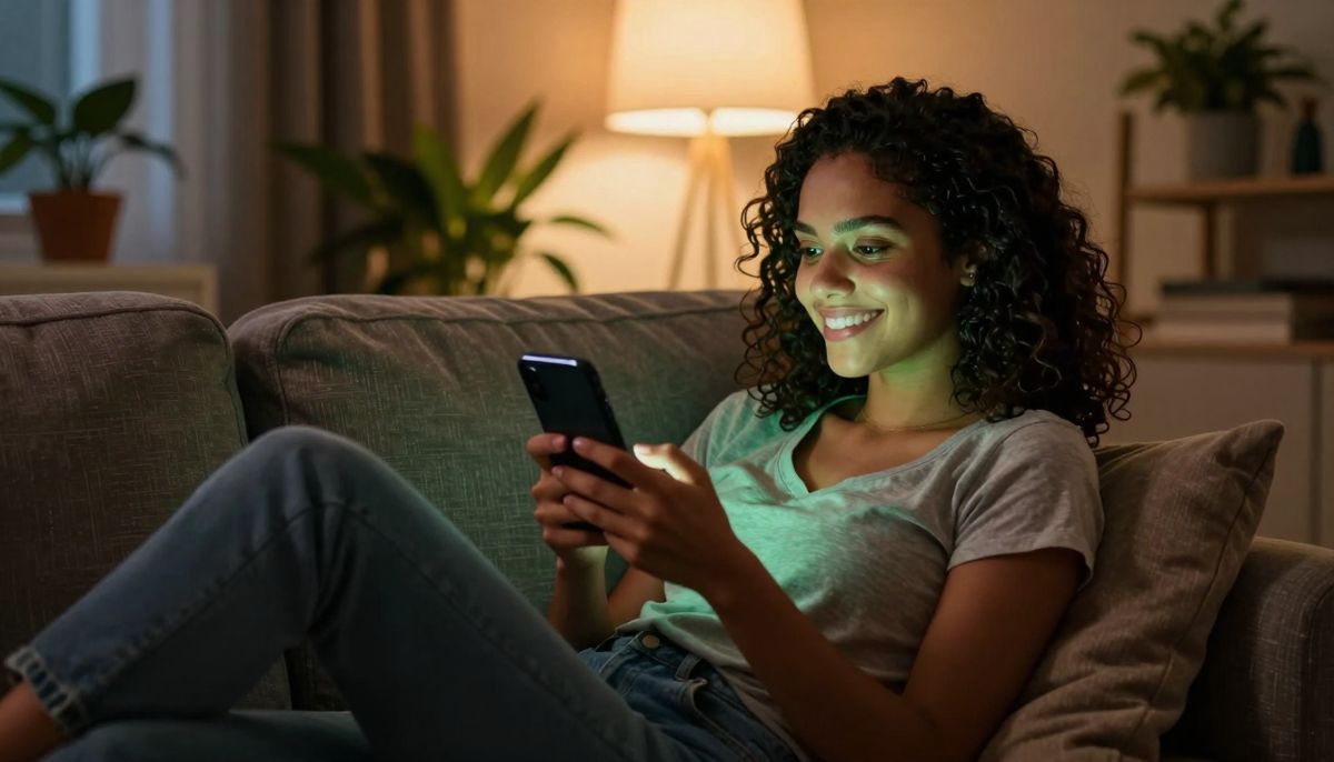 Cliente marcando horário pelo WhatsApp à noite, no sofá