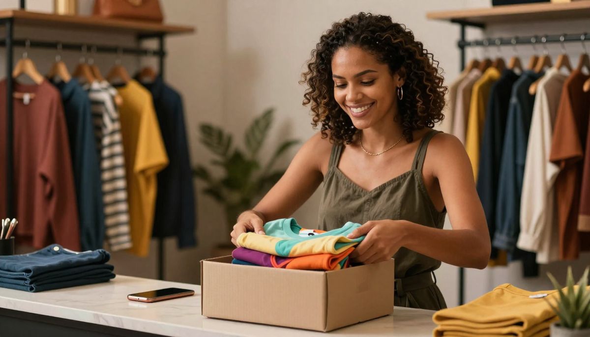 Dona de loja de roupas embalando um pedido