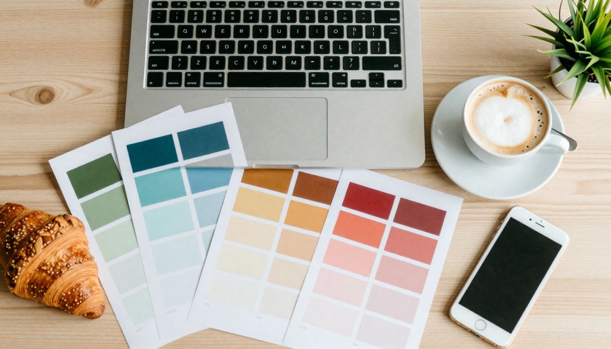 Mesa com notebook, paleta de cores e café