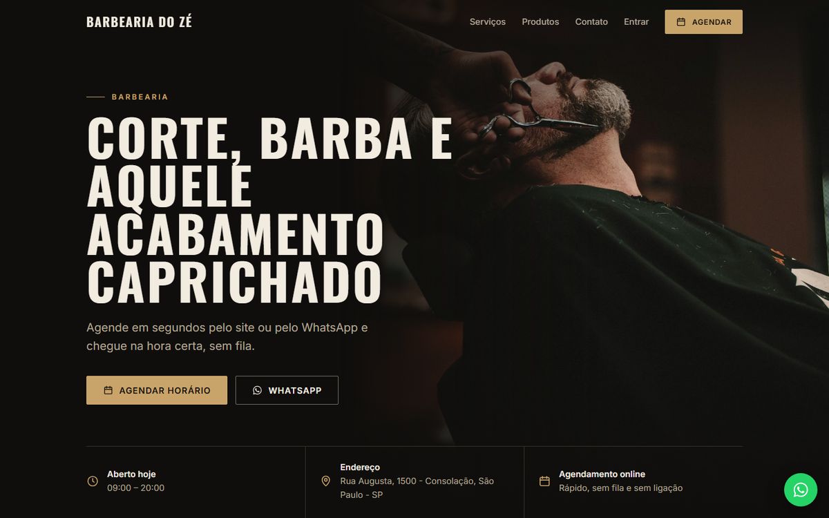 Página inicial de uma barbearia criada pela plataforma